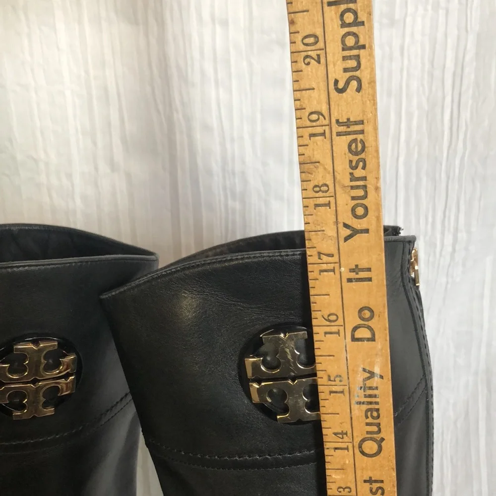 TORY BURCH Adeline size 5.5 black leather riding boots large gold Miller logo